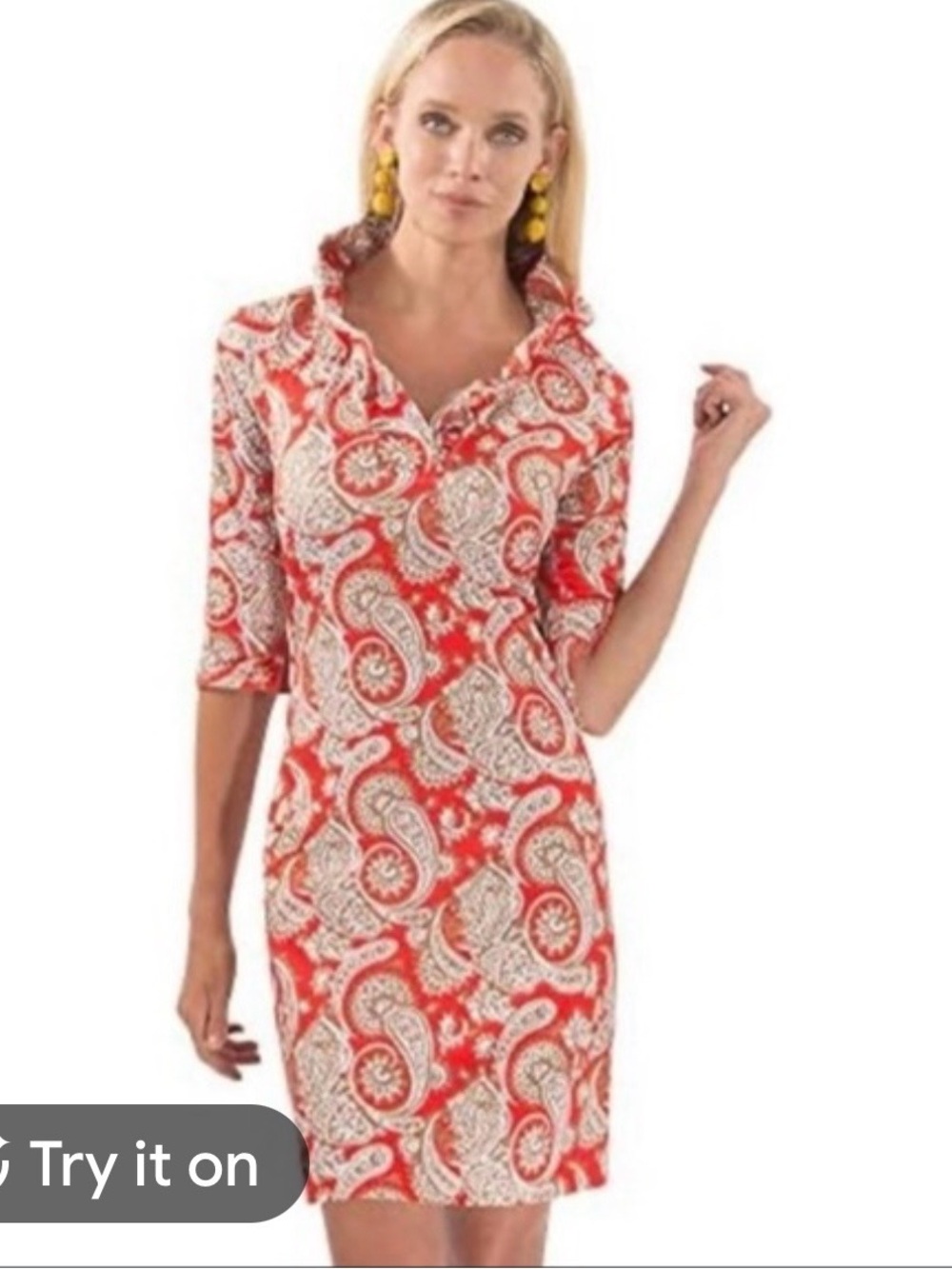 Gretchen Scott Designs Red and White Paisley Ruffneck Jersey Shift Dress